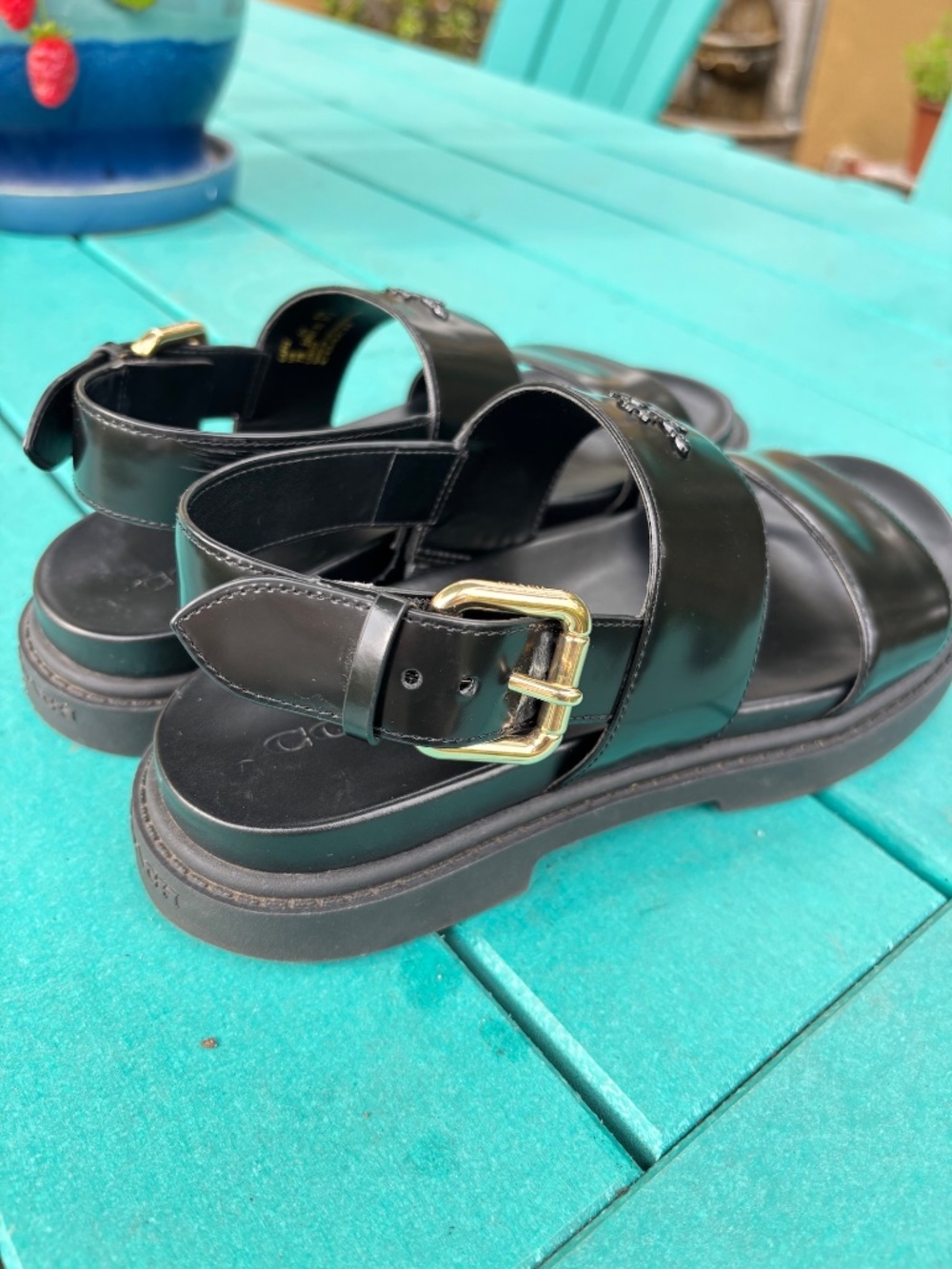COACH Lockup Two Band Sandals Black Leather Gold-Tone Buckle Size 7 - Picture 8 of 10